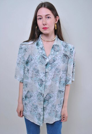 80S VINTAGE GREEN BLOUSE, FLORAL PRINT SHORT SLEEVE SHIRT