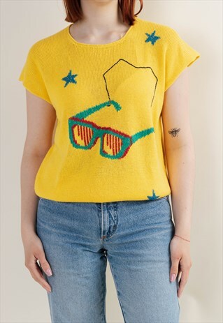 VINTAGE 90S HOLIDAY GLASSES PATTERN KNITWEAR TOP IN YELLOW S