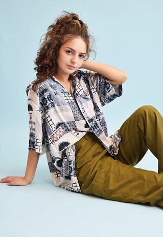 90'S RETRO ABSTRACT PRINT OVERSIZED DADS BLOUSE TOP