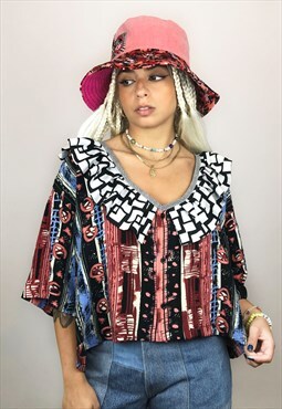 Upcycled Reworked Ruffled Blouse In Abstract Print