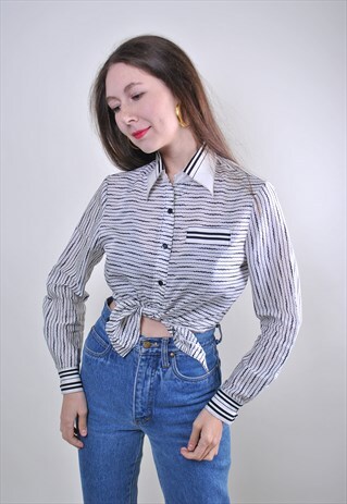 WOMAN RETRO WHITE STRIPED MINIMALIST LONG SLEEVE BLOUSE