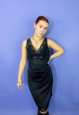 Vintage 90s Black Satin Sheer Lace Midi Slip Dress