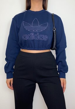 Reworked Adidas Navy Spell Out Cropped Sweatshirt