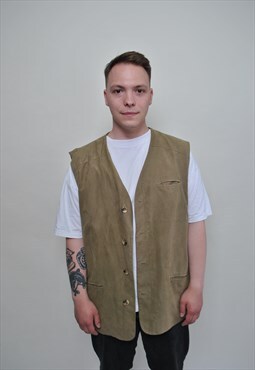 Vintage green vest, oversized minimalist buttons vest 1980s