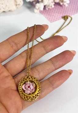 1960's Pink Rose Filigree Necklace