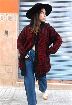 Black & Red Print Chunky Knit Long Cardigan Jacket