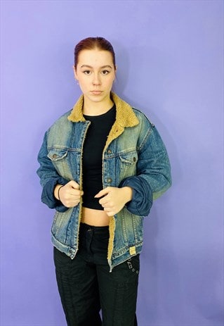 VINTAGE 90S FLEECE LINED DENIM SHEARLING JACKET