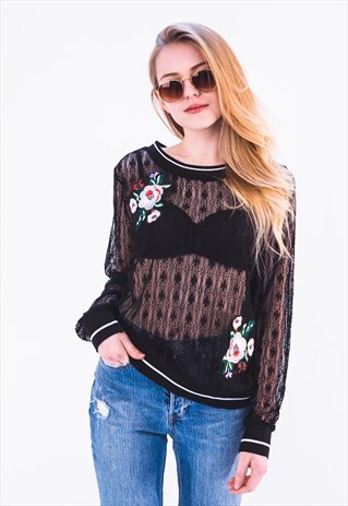 EXCEPTIONAL ROSE FLORAL PATCH EMBELLISHED LACE SWEATSHIRT
