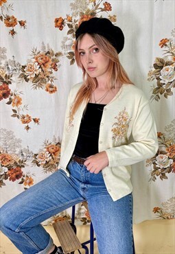 Vintage Cream Floral Embroidered Knitted Cardigan