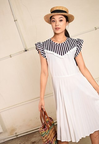 70'S RETRO NAUTICAL RUFFLE PARIS CHIC PLEATED MIDI DRESS