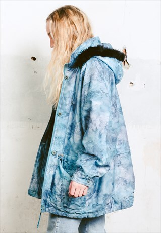 VINTAGE 80S 90S BLUE PATTERNED PARKA JACKET