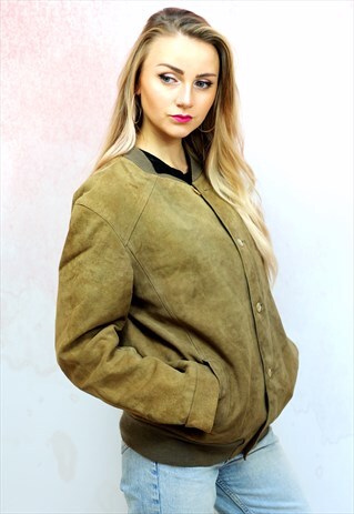 1980S VINTAGE REAL SUEDE BROWN BUTTON UP BOMBER JACKET