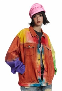 Rainbow denim jacket graffiti jean bomber unicorn coat