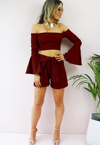 BURGUNDY BARDOT CROP TOP HIGH WAIST MINI SHORTS SET