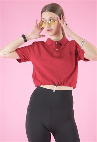 VINTAGE 90S REWORKED RALPH LAUREN CROP TOP POLO SHIRT IN RED