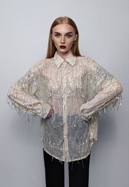 Transparent sequin mesh shirt long sleeve tassels blouse 