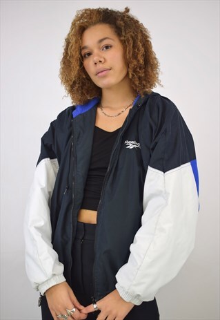 VINTAGE 90S REEBOK BLACK WHITE BLUE JACKET