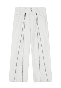 Extreme zipper jeans grunge rip denim pants in off white
