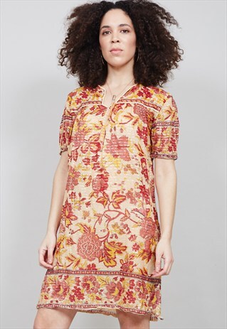 VINTAGE 1970'S FLORAL INDIAN COTTON MINI DRESS