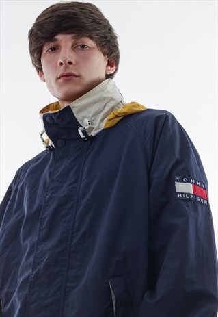 VINTAGE TOMMY HILFIGER SHELL WINDBREAKER COAT 90S NAVY BLUE