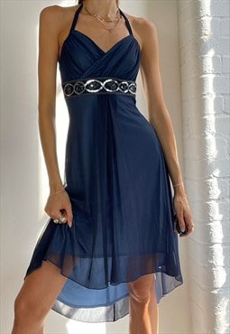 Vintage Y2k Halter Neck Mesh Midi. Dress Navy Blue Sequin