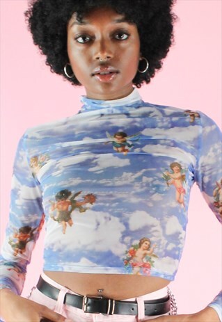 Y2K MESH TOP CROP CHERUB ANGEL BABY BLUE VINTAGE INSPIRED