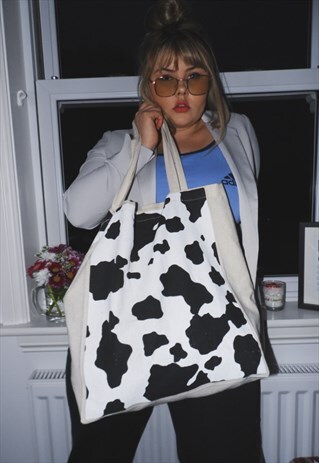 COW PRINT SHOPPER BAG CANVAS ANIMAL PRINT BLACK AND WHITE