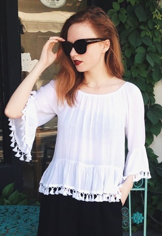 OFF-THE-SHOULDER TOP WITH TASELS HEM