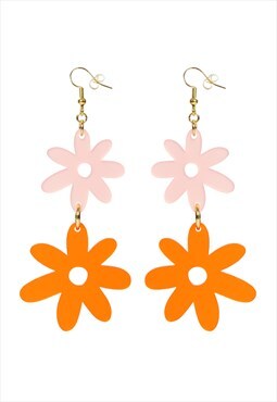 Flower power double drop hook earrings in pink & orange