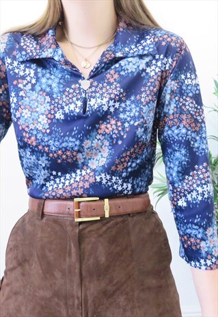 70S VINTAGE MULTICOLOURED FLORAL COLLARED BLOUSE