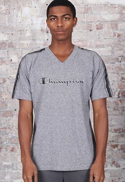 Vintage Champion V-Neck Big Print Logo T-Shirt Grey