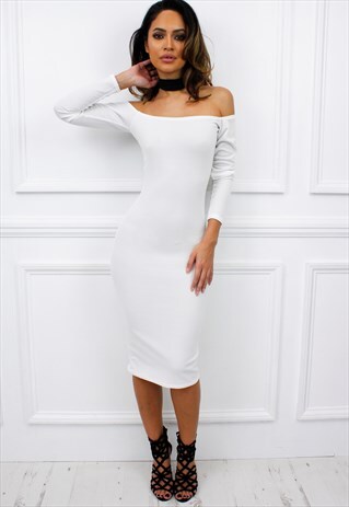 WHITE LONG SLEEVE BARDOT BODYCON MIDI DRESS