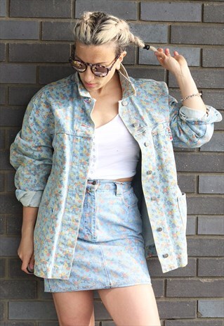 VINTAGE 1990S PRINTED DENIM HIGH WAISTED SKIRT