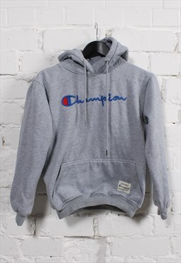Vintage Champion Hoodie in Grey with Spell Out Logo Small