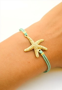 Gold plated Starfish charm bracelet turquoise cord girl gift