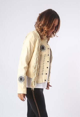 LEATHER TASSEL BIKER JACKET VINTAGE BEADED UK 12 (Q1A)