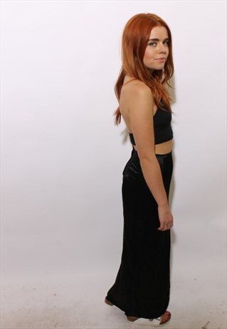 VINTAGE 1990'S 90'S HIGH WAISTED BLACK SATIN MAXI SKIRT XS