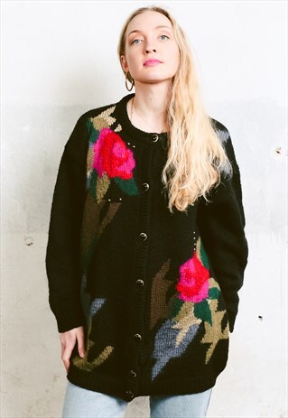 VINTAGE 80S ROSE PRINT KNIT CARDIGAN