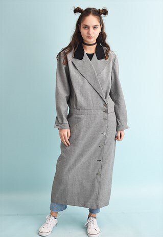80'S RETRO DOGTOOTH PRINT WRAPPED LONG TRENCH TWEED COAT
