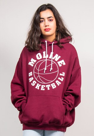 90'S VINTAGE BURGUNDY BASKETBALL COLLEGE HOODIE SWEATSHIRT
