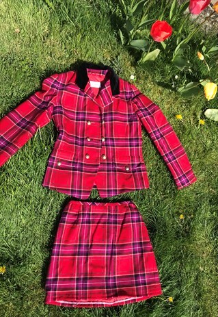 VINTAGE 80'S PURPLE PLAID TARTAN BLAZER SUIT CO-ORD SUIT
