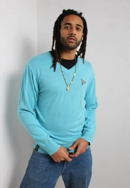 Vintage Henley Y2K V Neck Jumper Blue