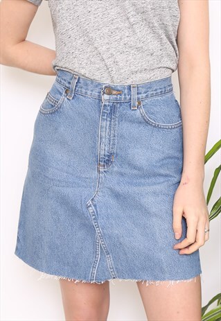 VINTAGE 90S BLUE DENIM RAW HEM MINI SKIRT