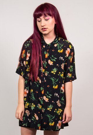 VINTAGE 90'S BLACK FLORAL PRINT OVERSIZED SHORT SLEEVE SHIRT