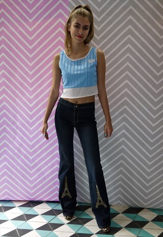 DENIM BOOT CUT FLARED JEANS WITH EIFFEL TOWER EMBROIDERY