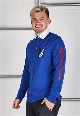 Vintage Nautica Polo Shirt in Blue Long Sleeve Medium