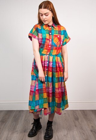 90'S COLOURFUL CHECKED MIDI DRESS