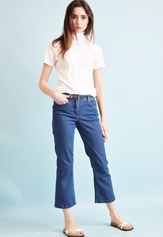 90'S RETRO REGULAR WAIST DENIM SHORT CUT FLARE JEANS