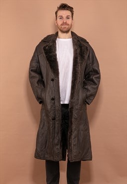 Vintage 70's Men Long Sheepskin Leather Coat in Brown