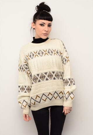 VINTAGE 90'S NORDIC CREAM PATTERNED CHUNKY SLOUCHY JUMPER